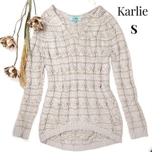 Karlie Tan Gold Striped Cable Knit Long Sweater Sz S